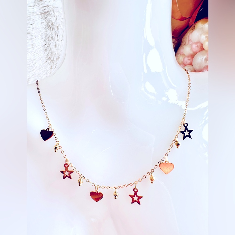 Heart and Star Station Necklace 💛 Real 18 Karat Solid Gold Jewelry 💛